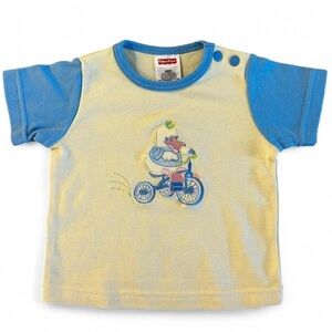 Vintage Yellow and blue Fisher Price baby tee with duck on bike